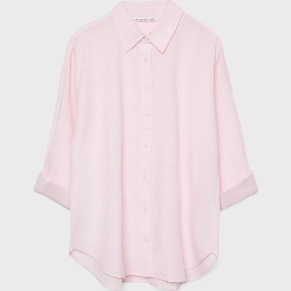 NEW Stradivarius Linen Blend Shirt - Light Pink Button-Up Shirt
